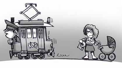 cartoon tram und frau mit kinderwagen